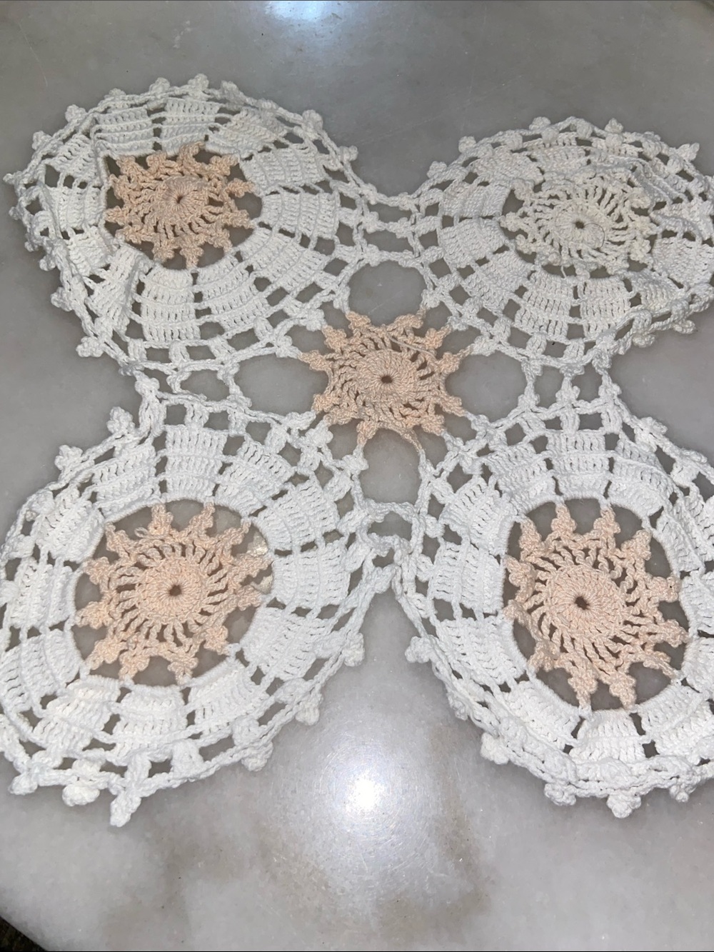 Handmade Crochet Doily with Cream and Peach Motifs